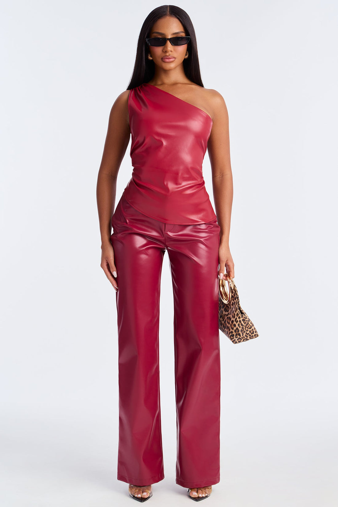 Flavia Faux Leather One Shoulder Top - Red