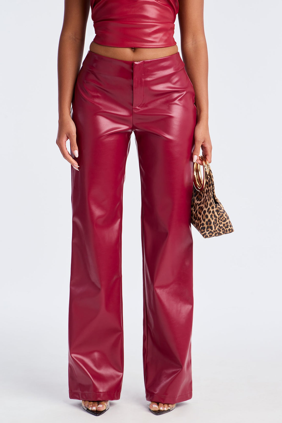 Monica Low Rise Faux Leather Pant 32″ - Red