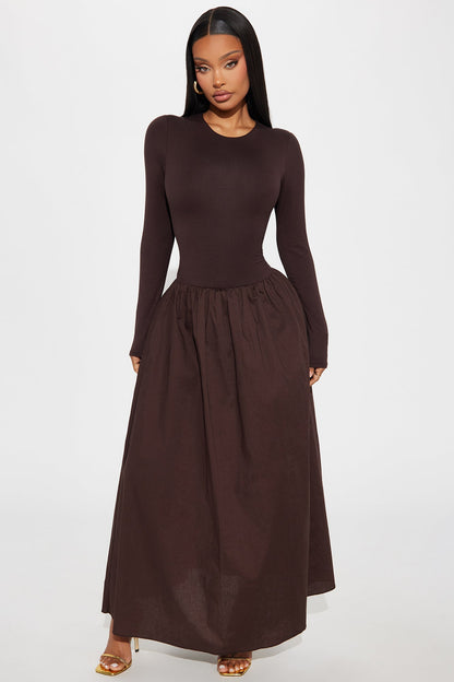 Jordyn Long Sleeve Drop Waist Maxi Dress - Brown