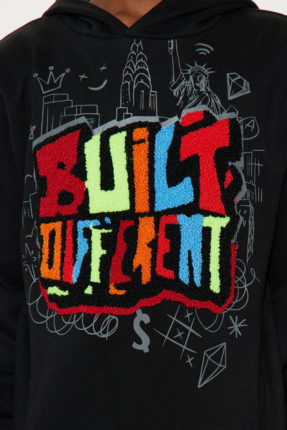 Mini Built Different Patch Fleece Hoodie - Black