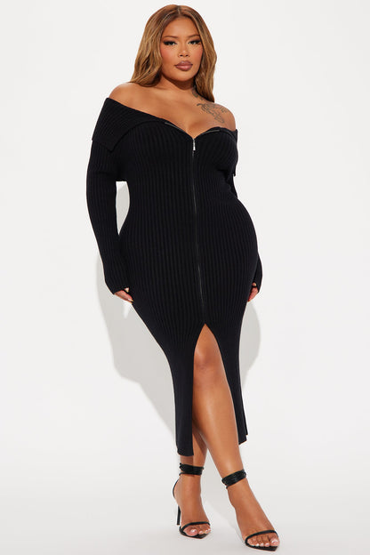 On a Mission Sweater Midi Dress - Black