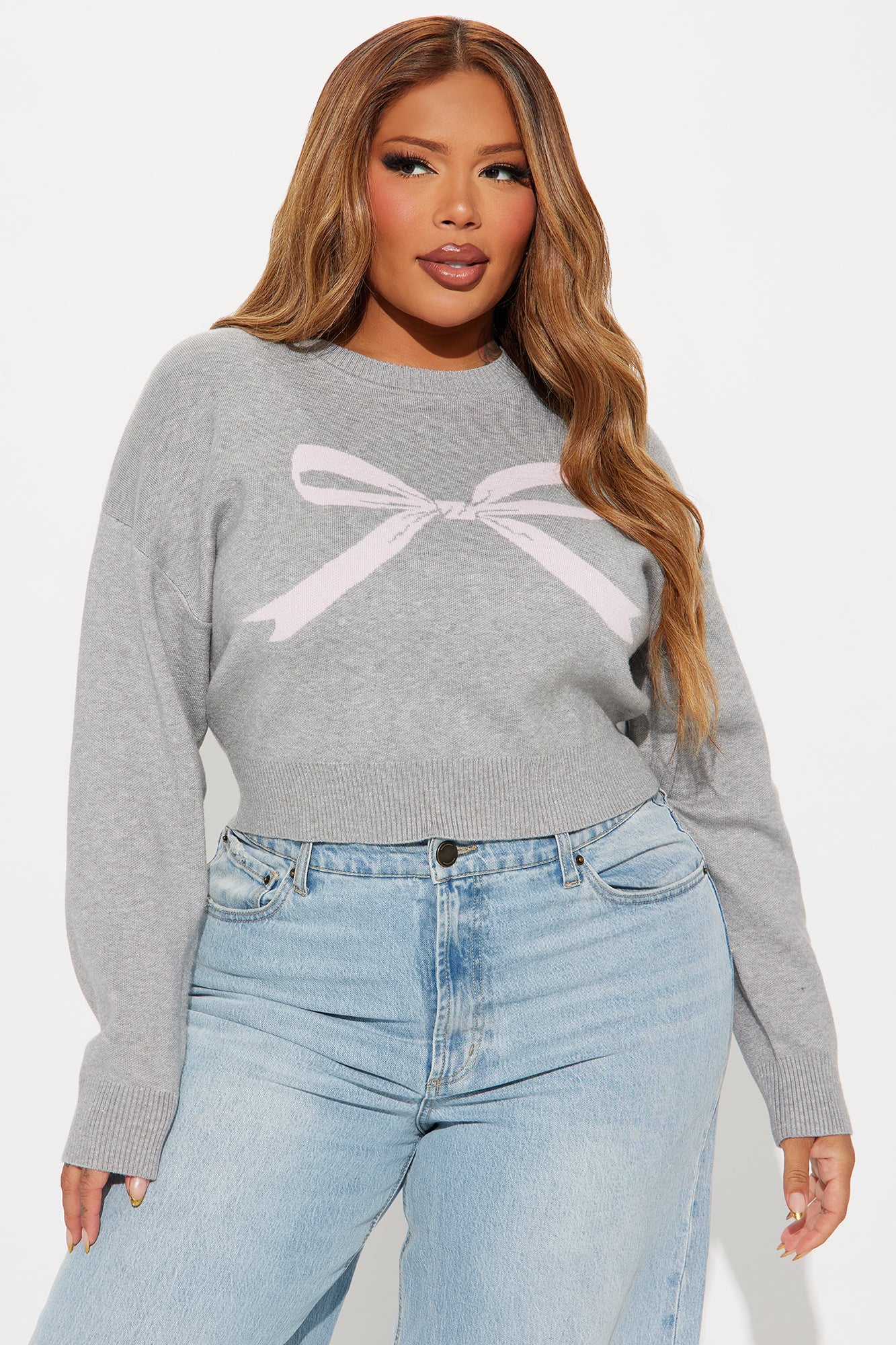 Bow On Top Sweater - Grey/combo