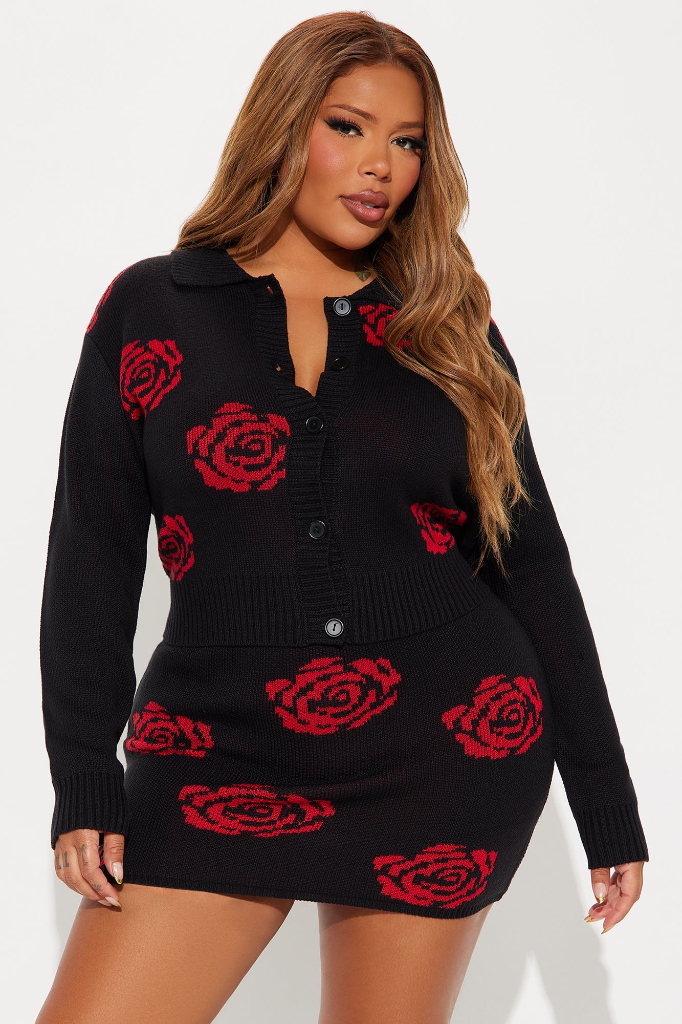 Maya Rose Sweater Mini Skirt Set - Black/Red