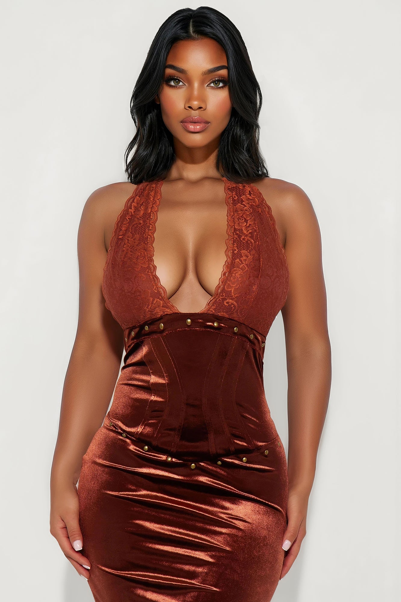 Catch A Hint Velvet Maxi Dress - Brown