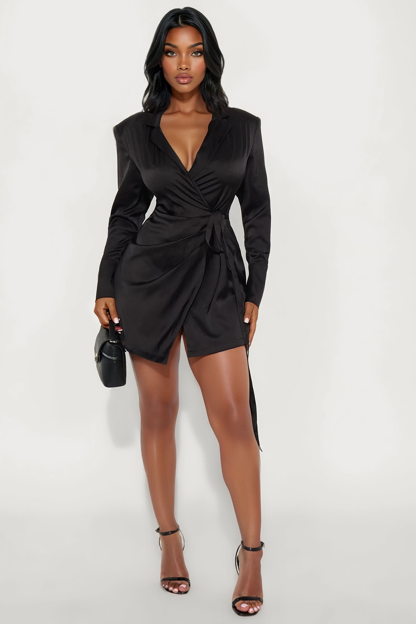 Whitley Wrap Satin Mini Dress - Black