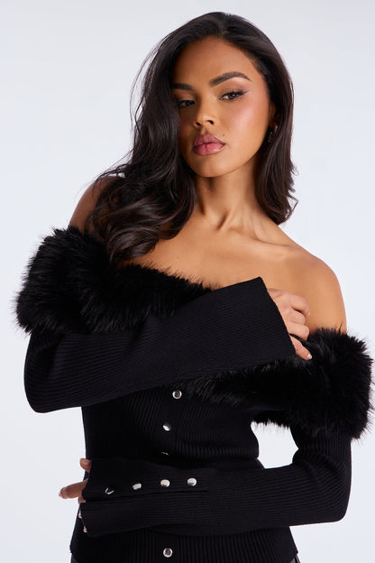 Vera Fur Trim Off Shoulder Sweater Top - Black