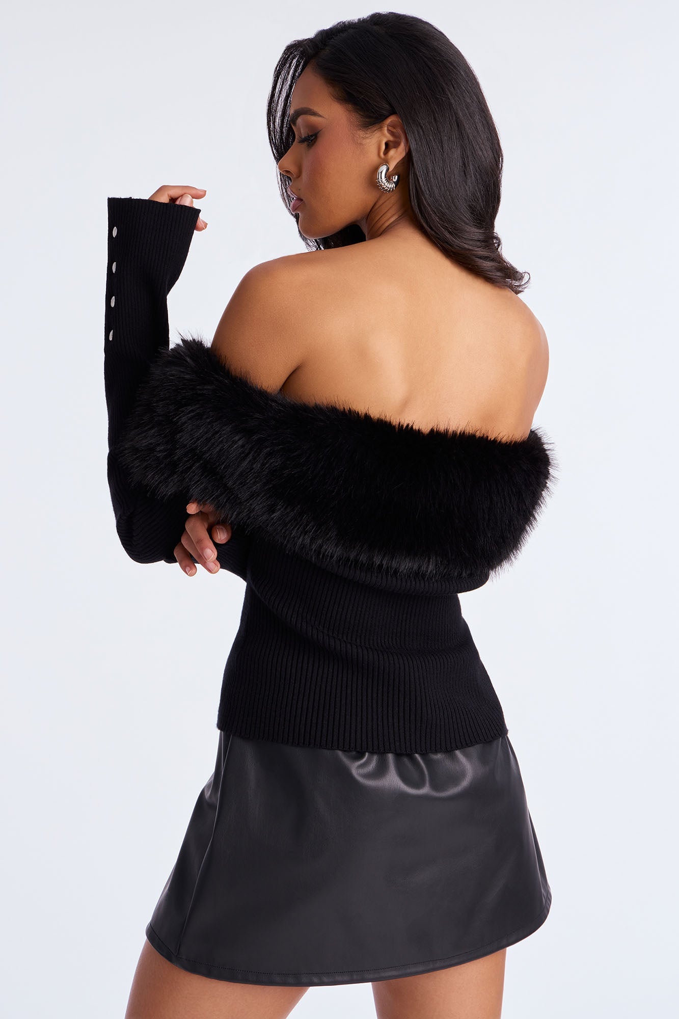 Vera Fur Trim Off Shoulder Sweater Top - Black