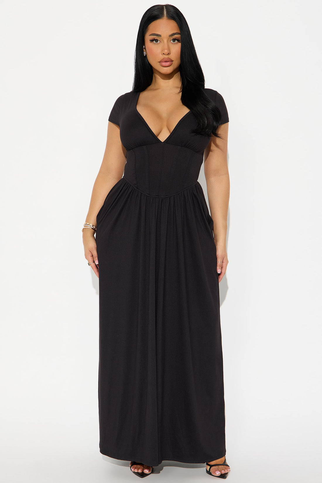 Ainsley Cap Sleeve Corset Maxi Dress - Black
