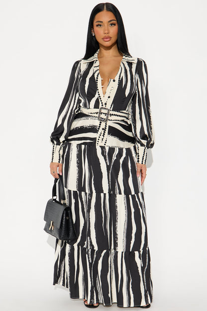 Jasline Striped Maxi Shirt Dress - Black/White