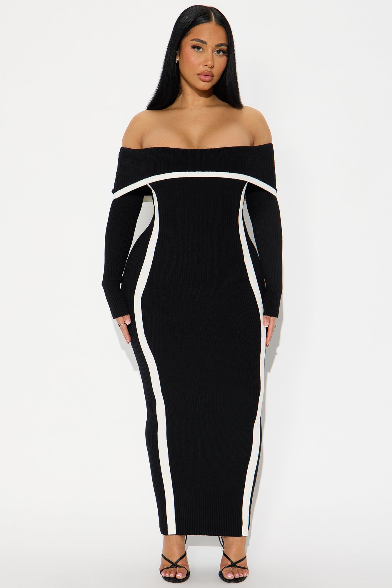 Monique Off Shoulder Sweater Maxi Dress - Black/White