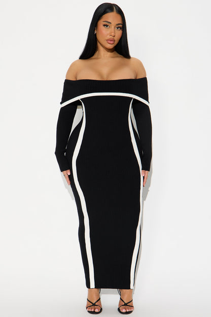 Monique Off Shoulder Sweater Maxi Dress - Black/White