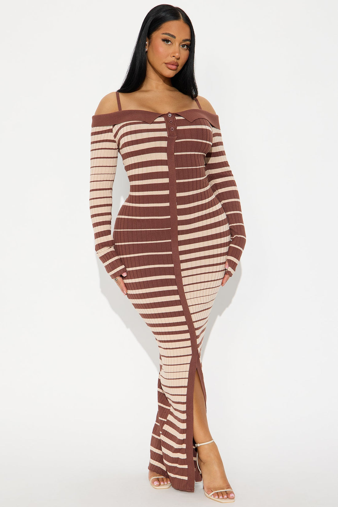 Brenda Long Sleeve Sweater Maxi Dress - Taupe/combo