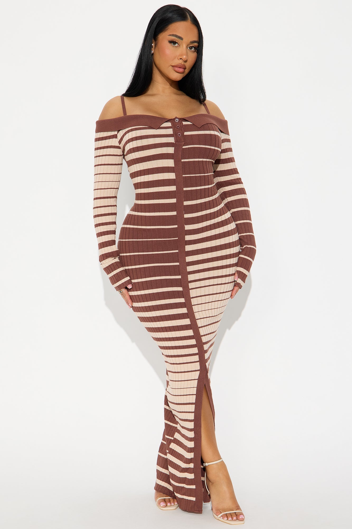 Brenda Long Sleeve Sweater Maxi Dress - Taupe/combo