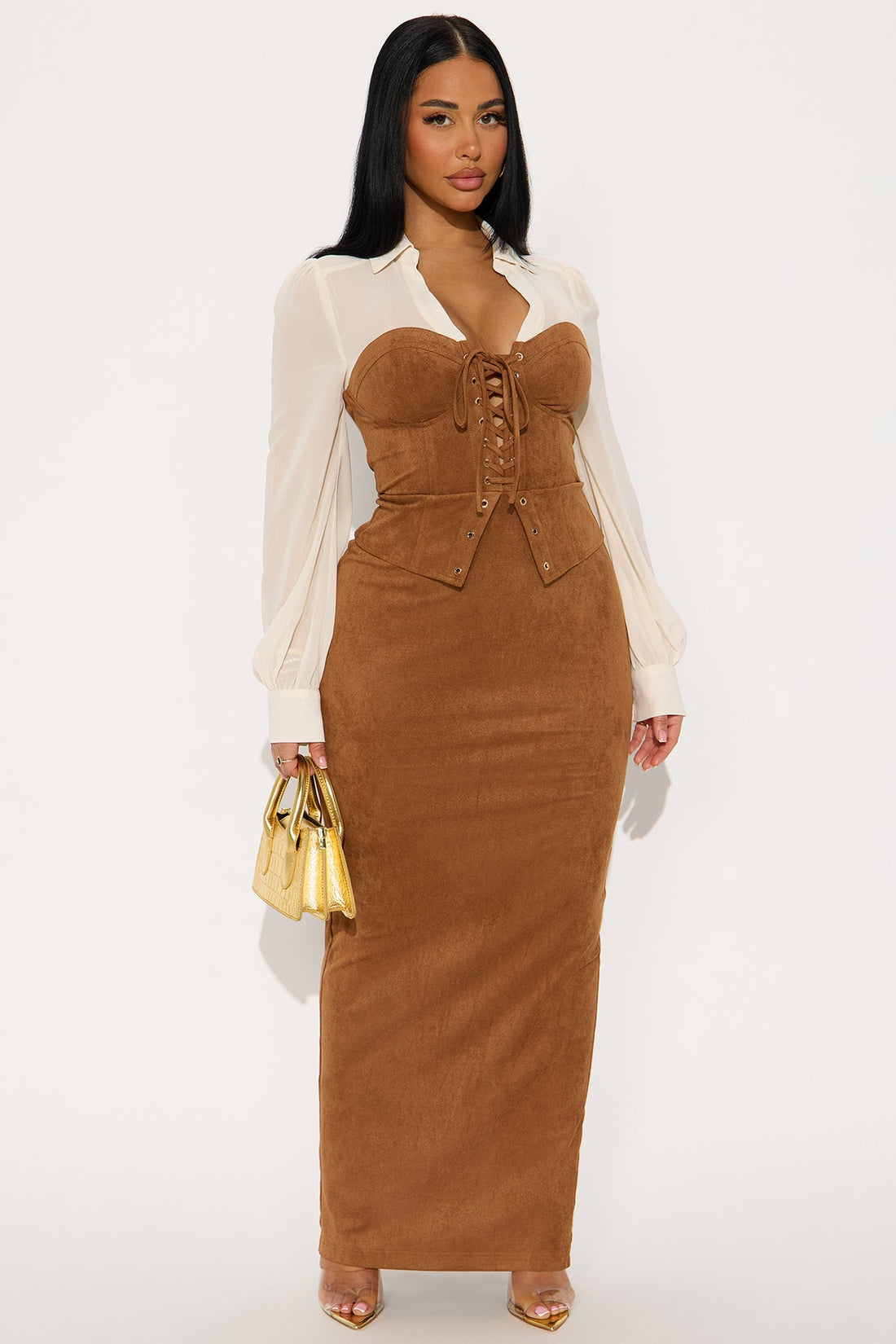 Orian Faux Suede Maxi COrset Shirt Dress - Brown/combo