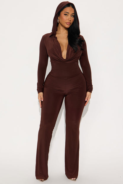Julie Cowl Neck Hooded Jumpsuit - Chocolate