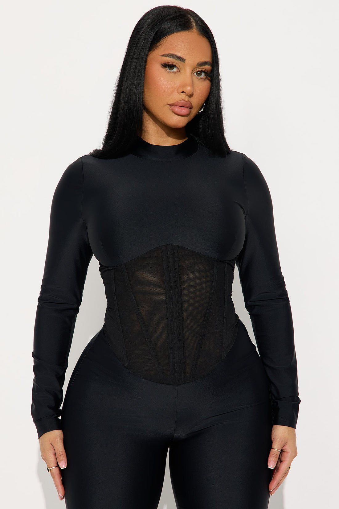 Aria Long Sleeve Corset Waist Jumpsuit - Black