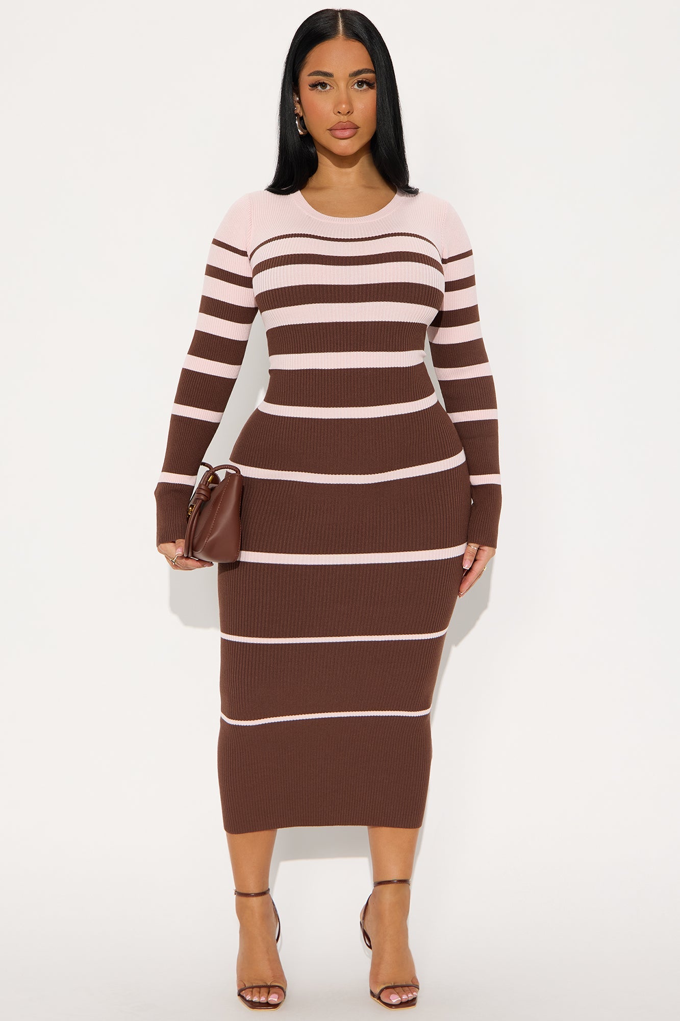 Striped And Sweet Midi Dress - Pink/combo