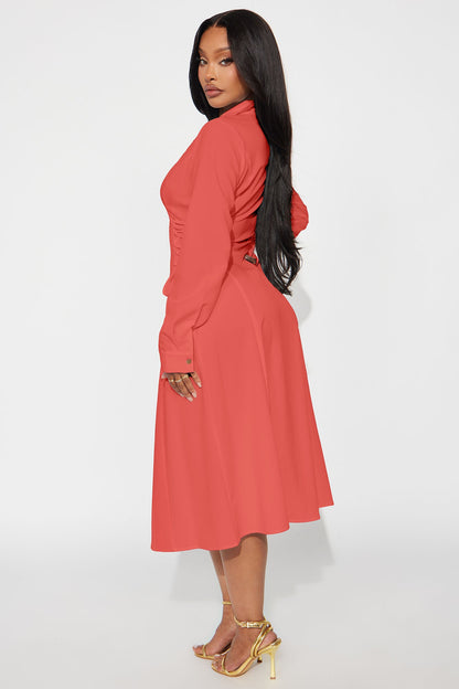 Josephine Collar Long Sleeve Midi Dress - Marsala