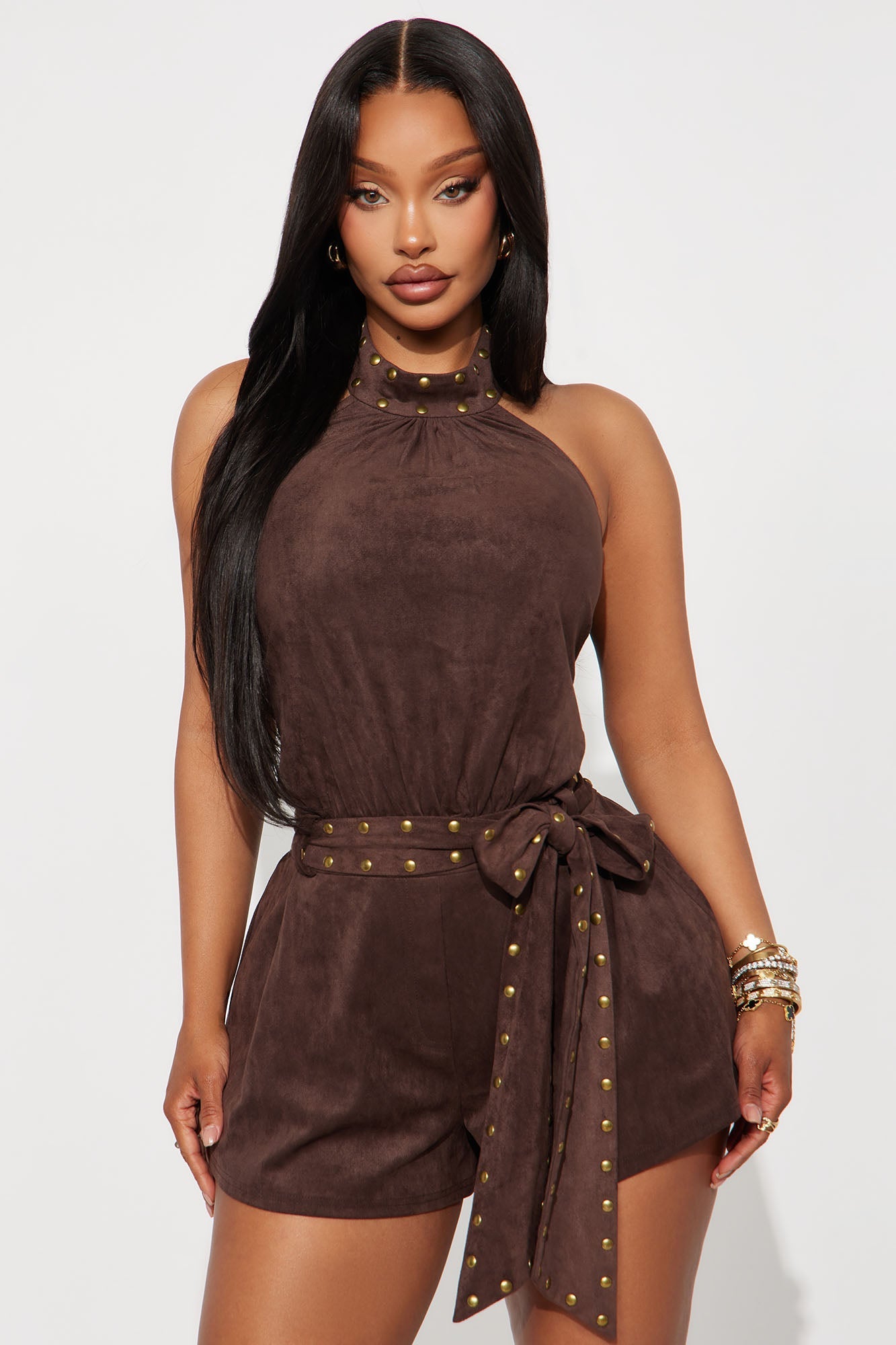 Johanna Faux Suede Studded Romper - Brown