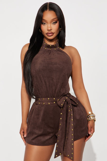 Johanna Faux Suede Studded Romper - Brown