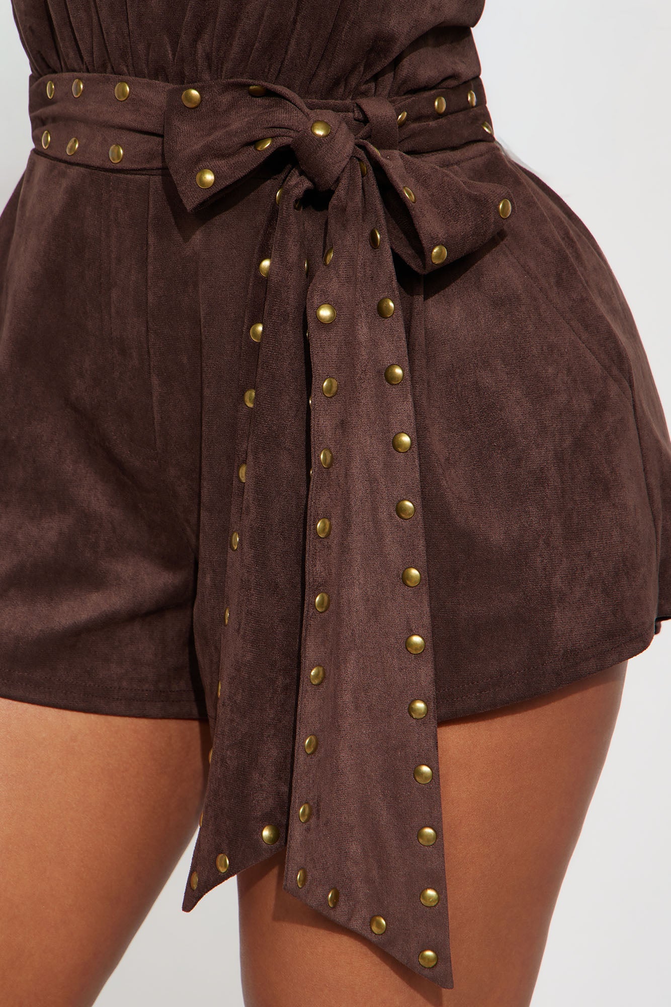 Johanna Faux Suede Studded Romper - Brown
