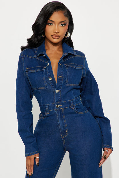 Tatiana Denim Wide Leg Jumpsuit - Medium Wash