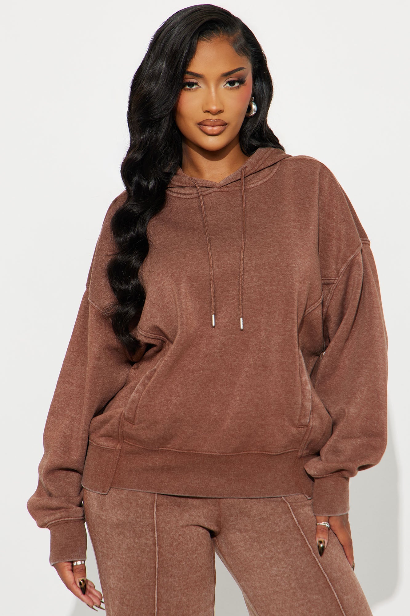 Everyday Ease Washed Fleece Pant Set - Brown