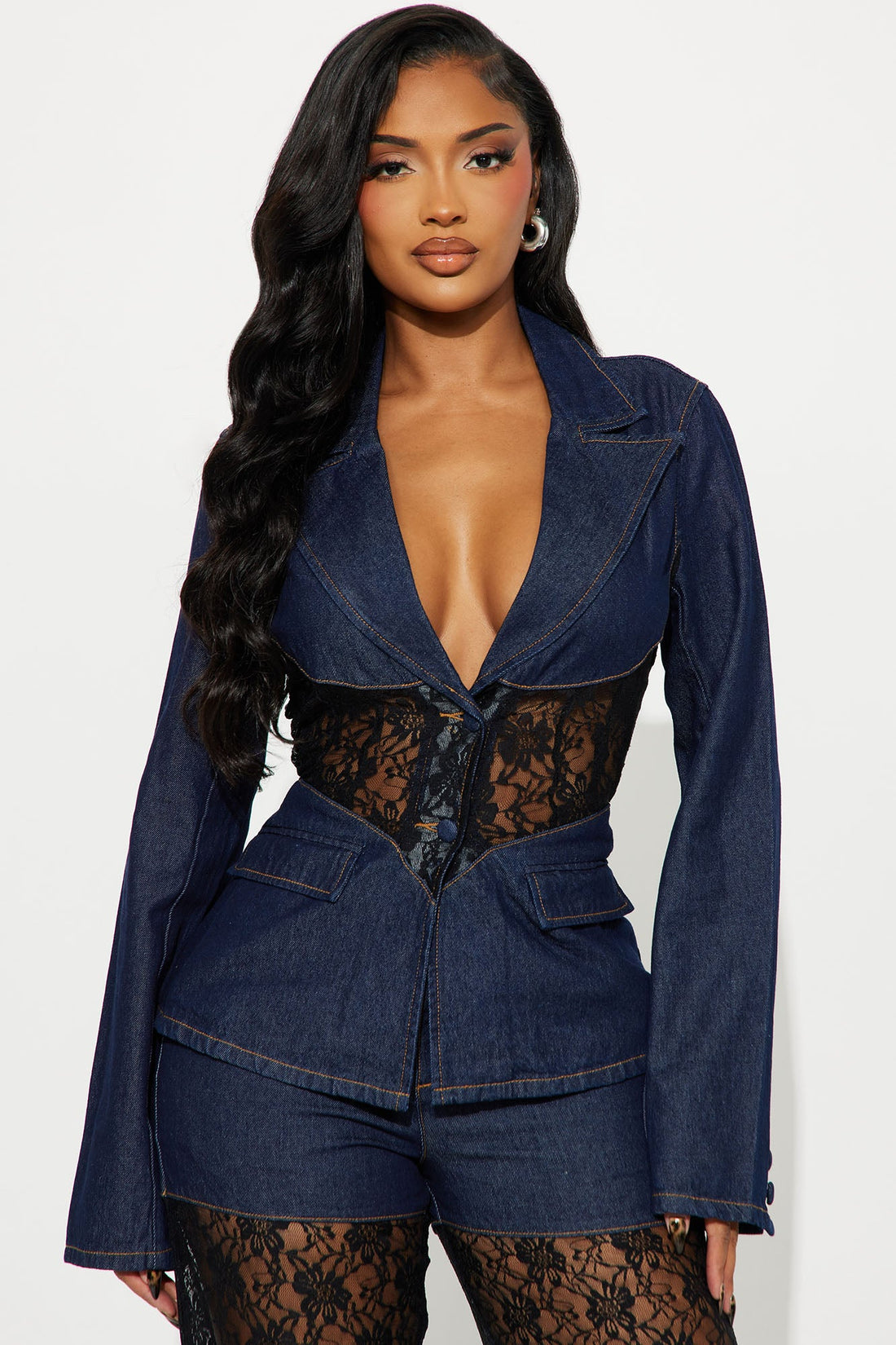 Night Shift Lace Blazer Pant Set - Dark Denim