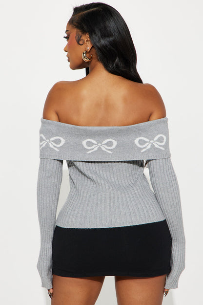 A Bow Kind Of Day Off Shoulder Sweater - Heather Grey