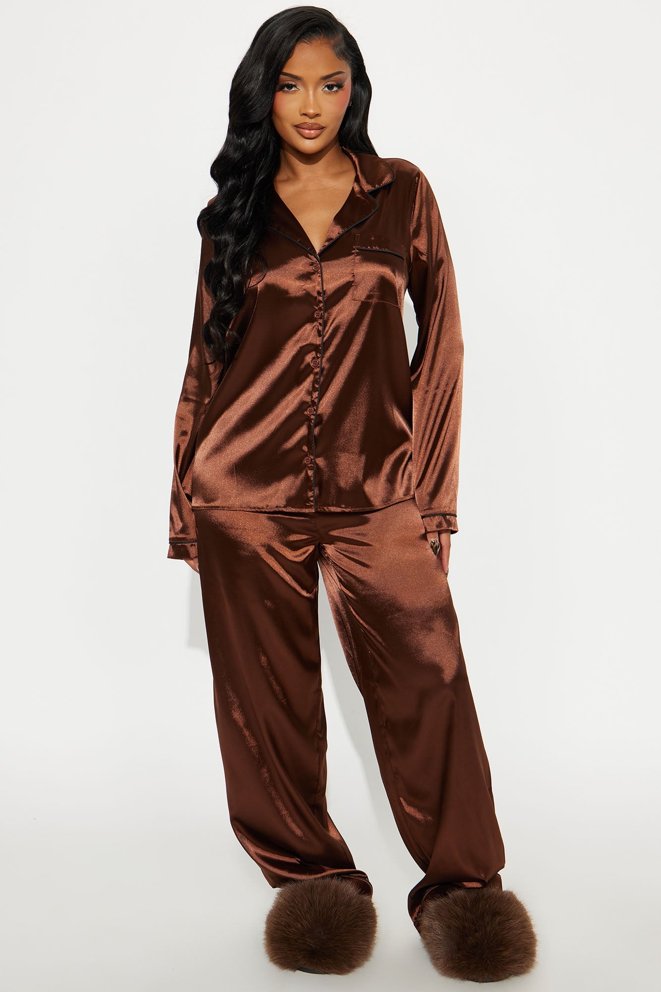Bedtime Stretch Satin Long Sleeve PJ Pant Set - Chocolate
