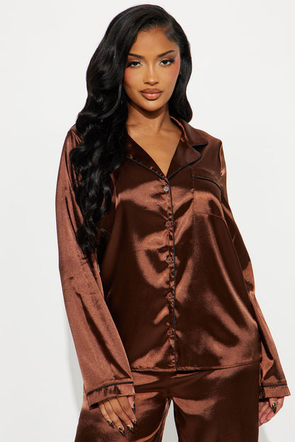 Bedtime Stretch Satin Long Sleeve PJ Pant Set - Chocolate