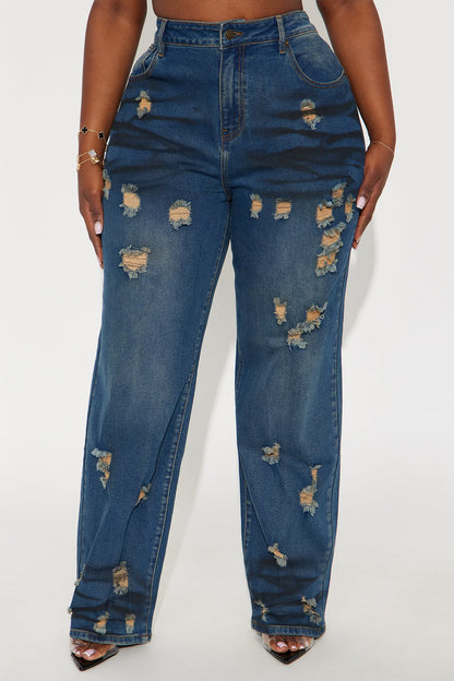 Power Move Distressed Straight Leg Jeans - Vintage Wash