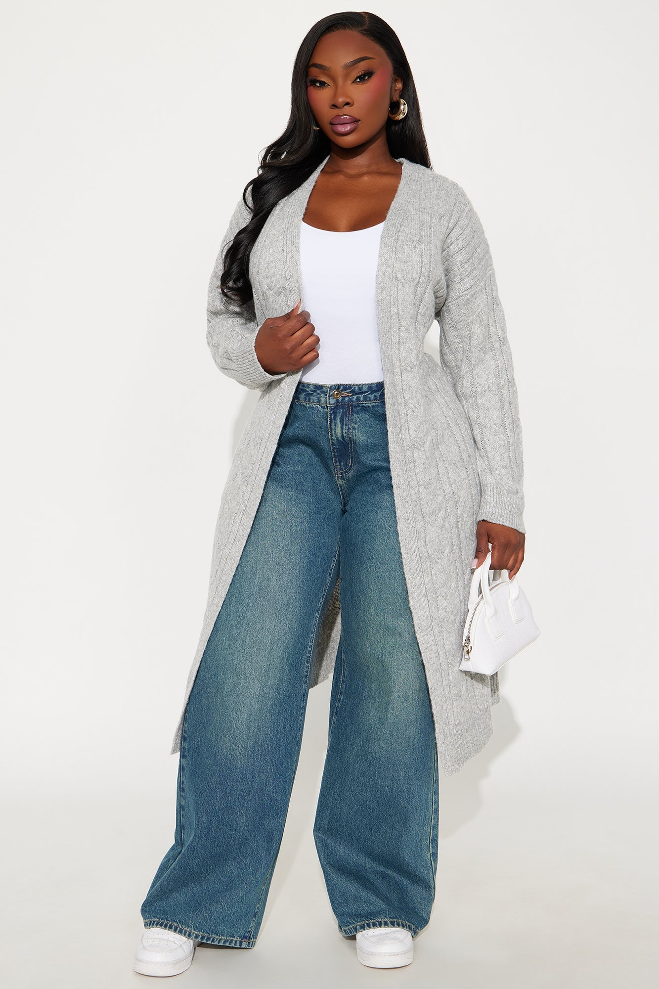 At Ease Cable Knit Long Cardigan - Heather Grey