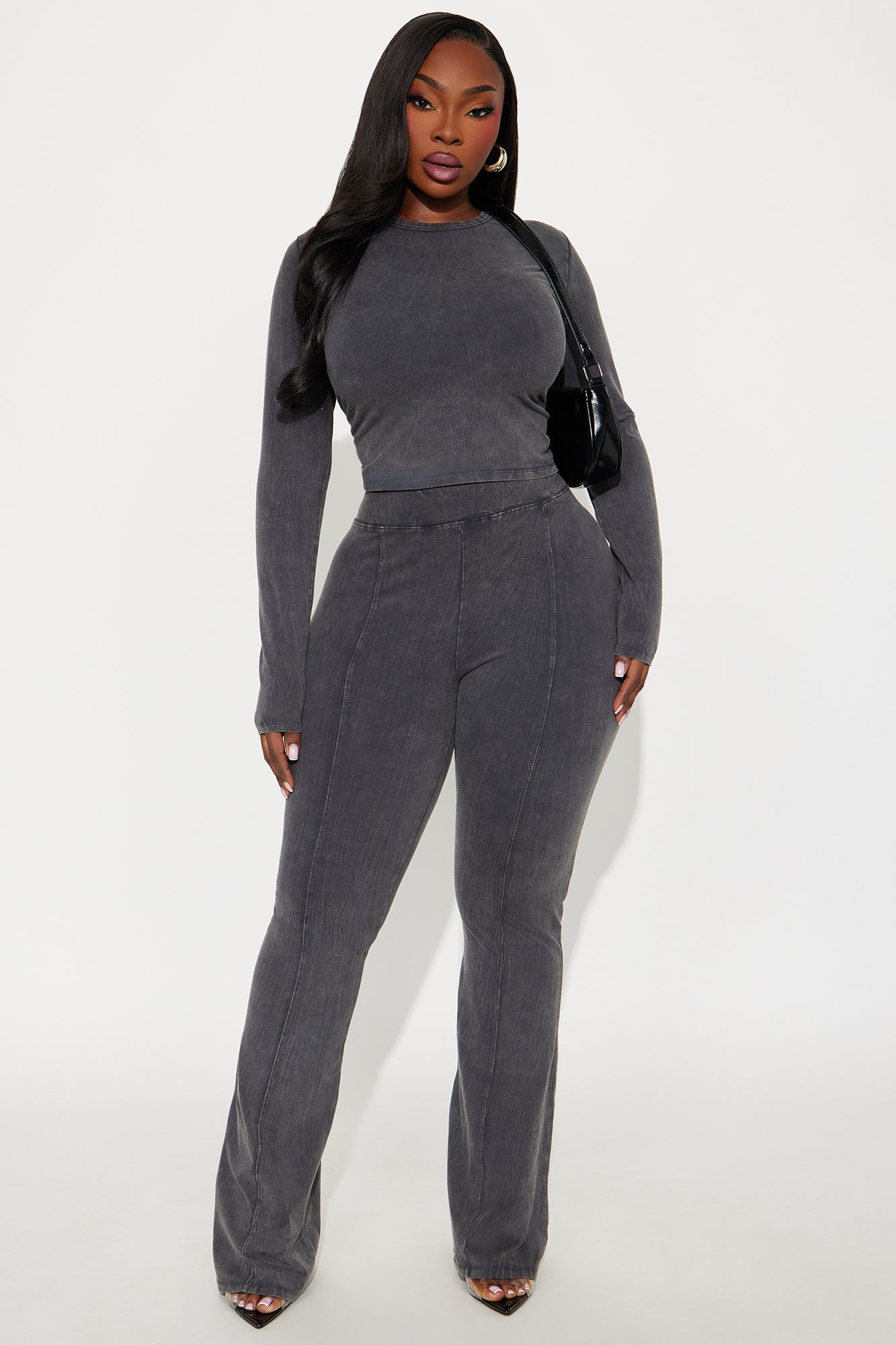 Hear Me Out Long Sleeve Mineral Wash Pant Set - Charcoal