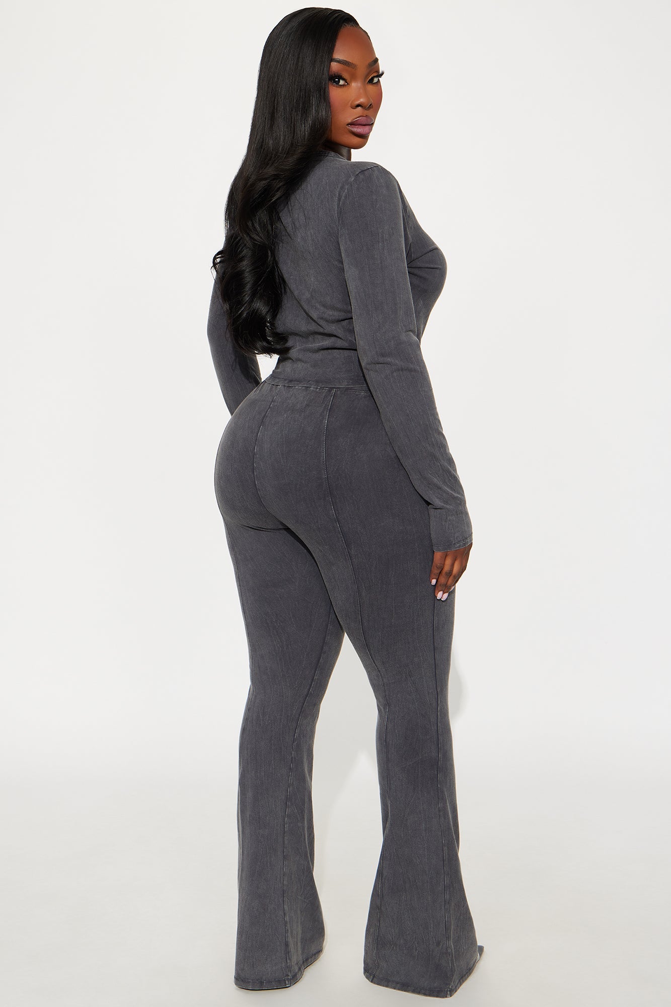Hear Me Out Long Sleeve Mineral Wash Pant Set - Charcoal