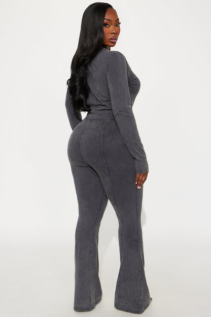 Hear Me Out Long Sleeve Mineral Wash Pant Set - Charcoal