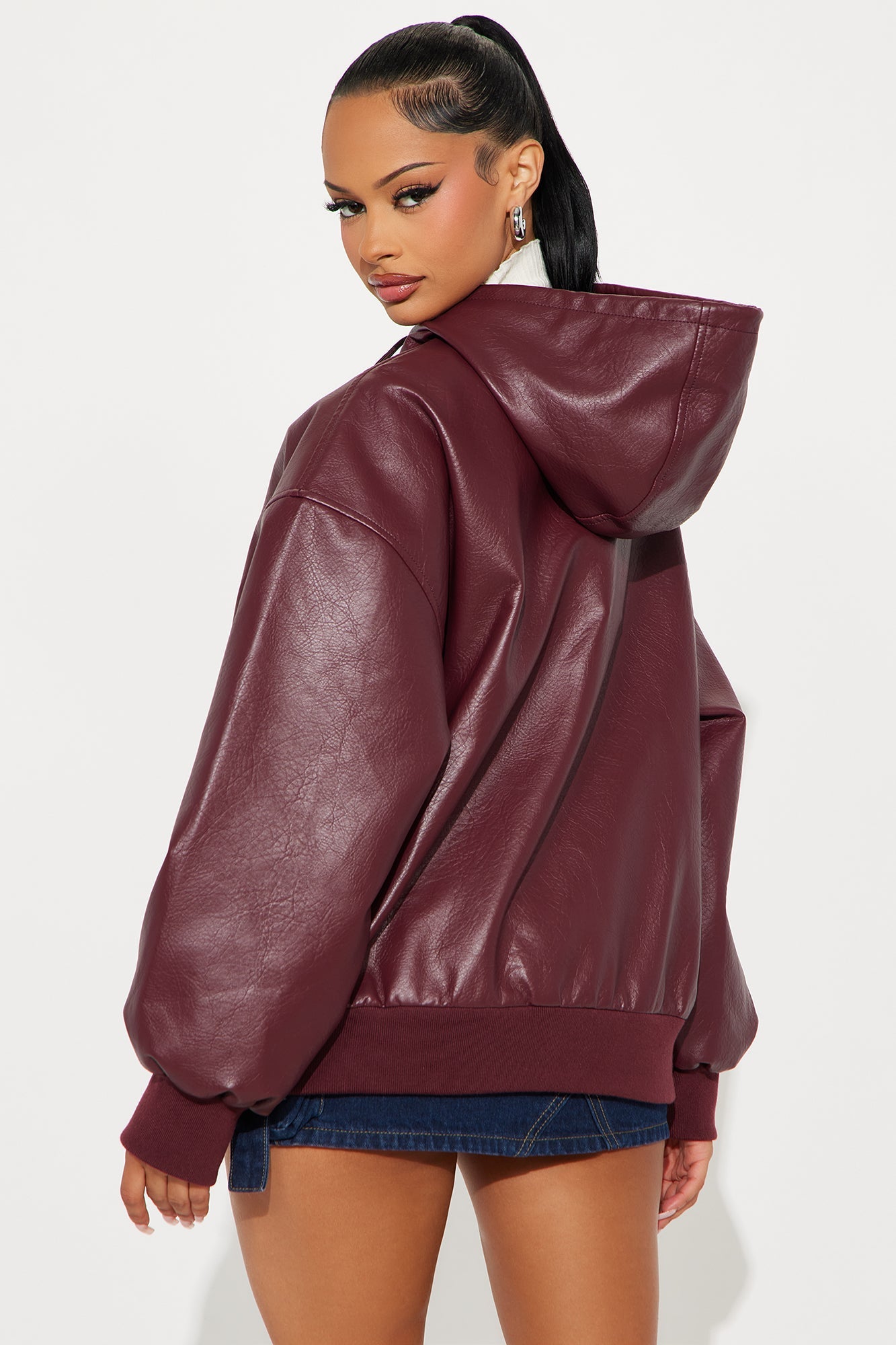 Alix Faux Leather Oversized Bomber Jacket - Burgundy