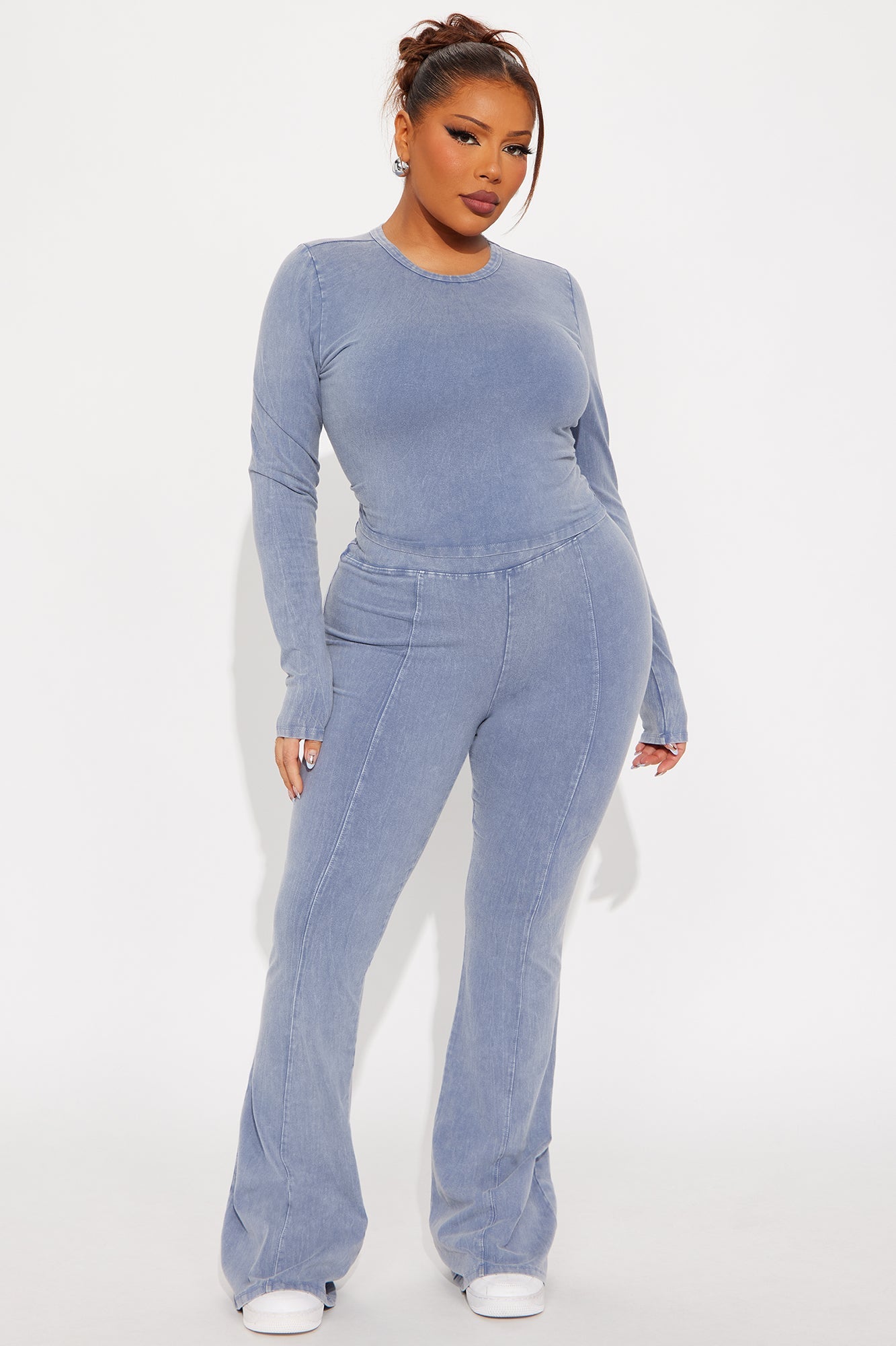 Hear Me Out Long Sleeve Mineral Wash Pant Set - Blue