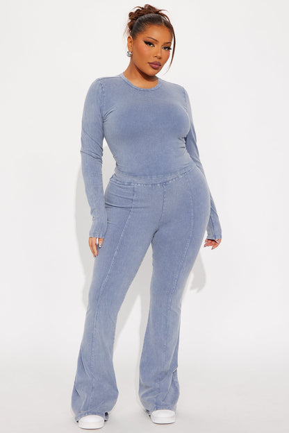 Hear Me Out Long Sleeve Mineral Wash Pant Set - Blue
