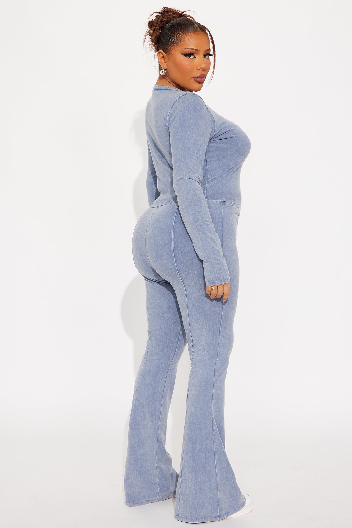 Hear Me Out Long Sleeve Mineral Wash Pant Set - Blue