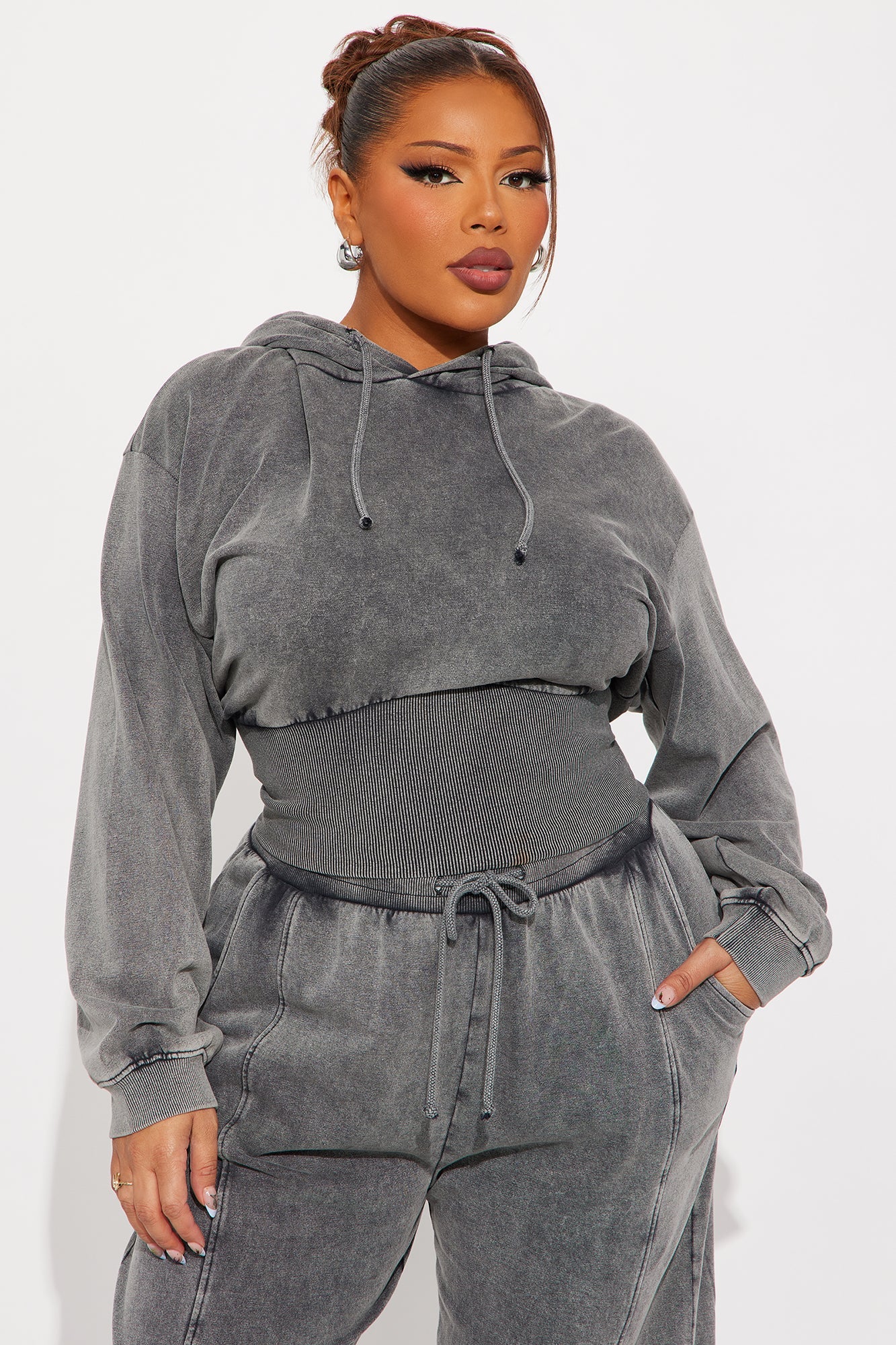 My Type Rib Waist Fleece Pant Set - Grey