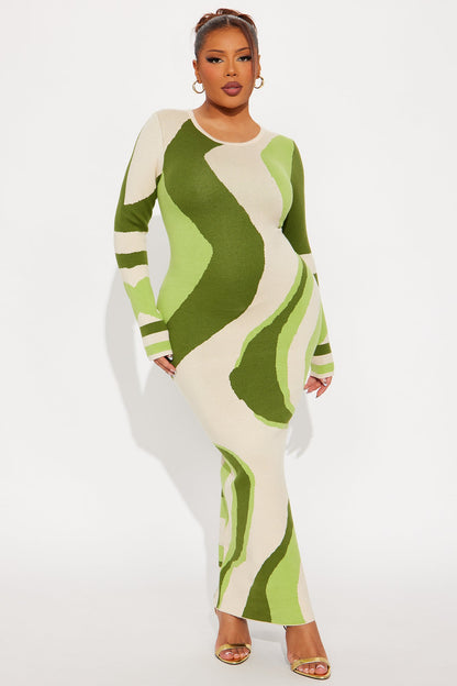 Neve Abstract Sweater Maxi Dress - Green/combo