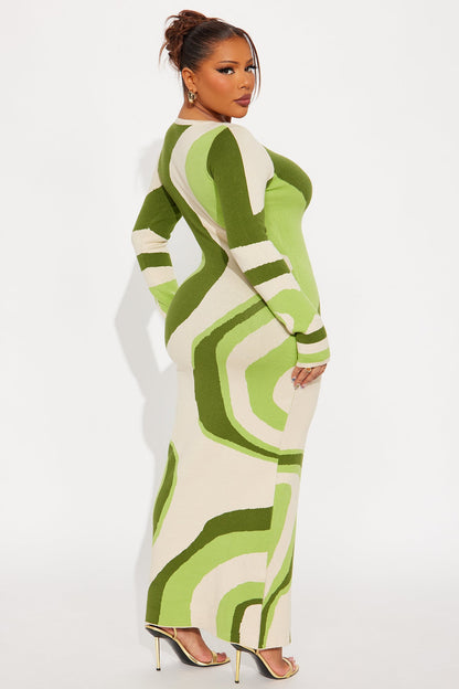 Neve Abstract Sweater Maxi Dress - Green/combo