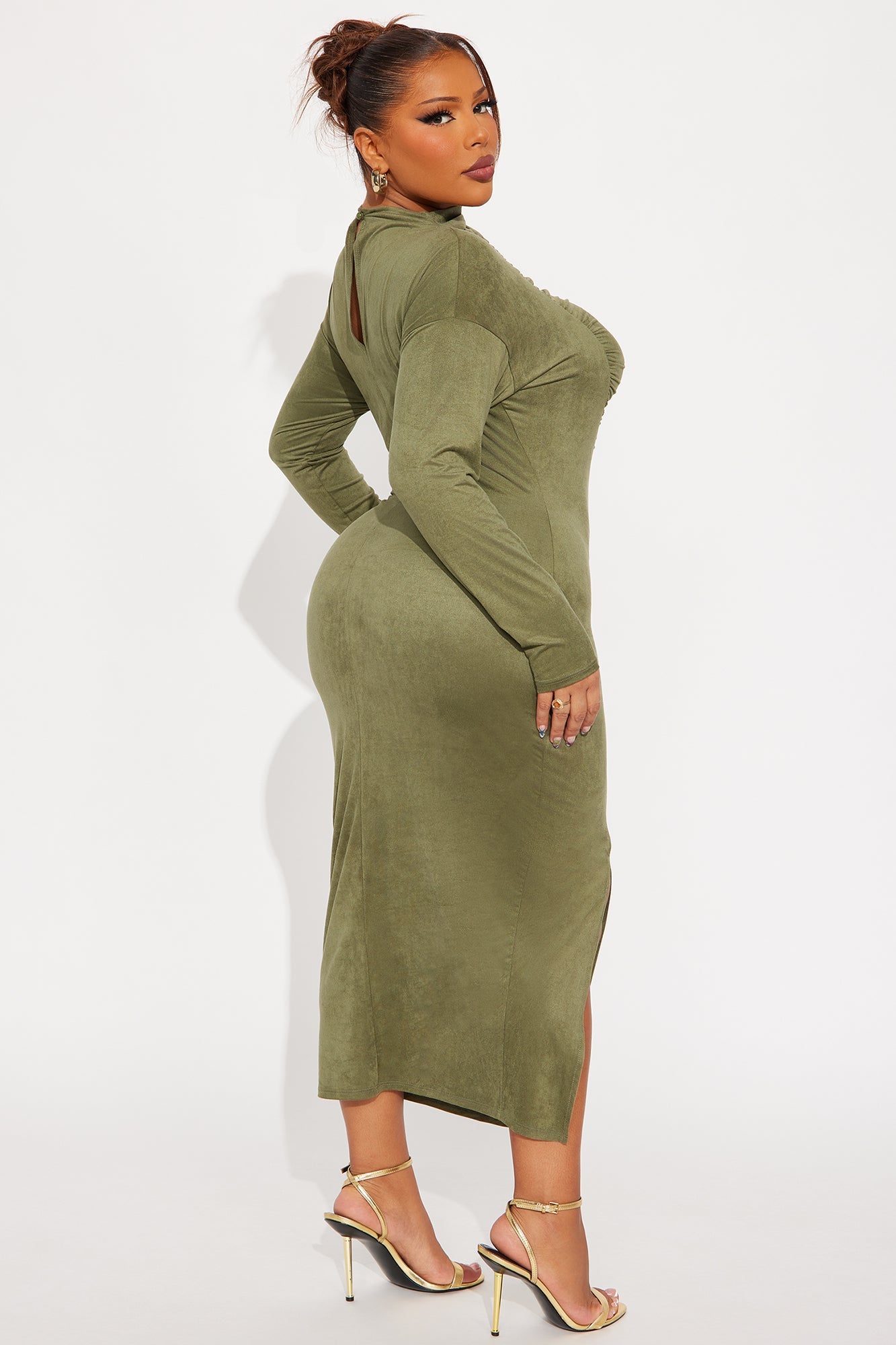 Melanie Ruched Suede Midi Dress - Olive