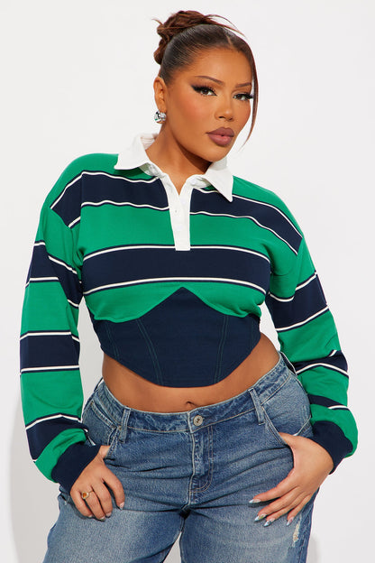 Ravenna Long Sleeve Corset Polo Top - Green/combo