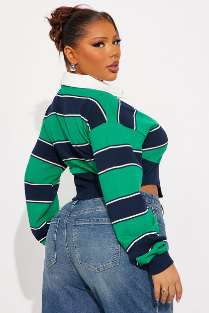Ravenna Long Sleeve Corset Polo Top - Green/combo