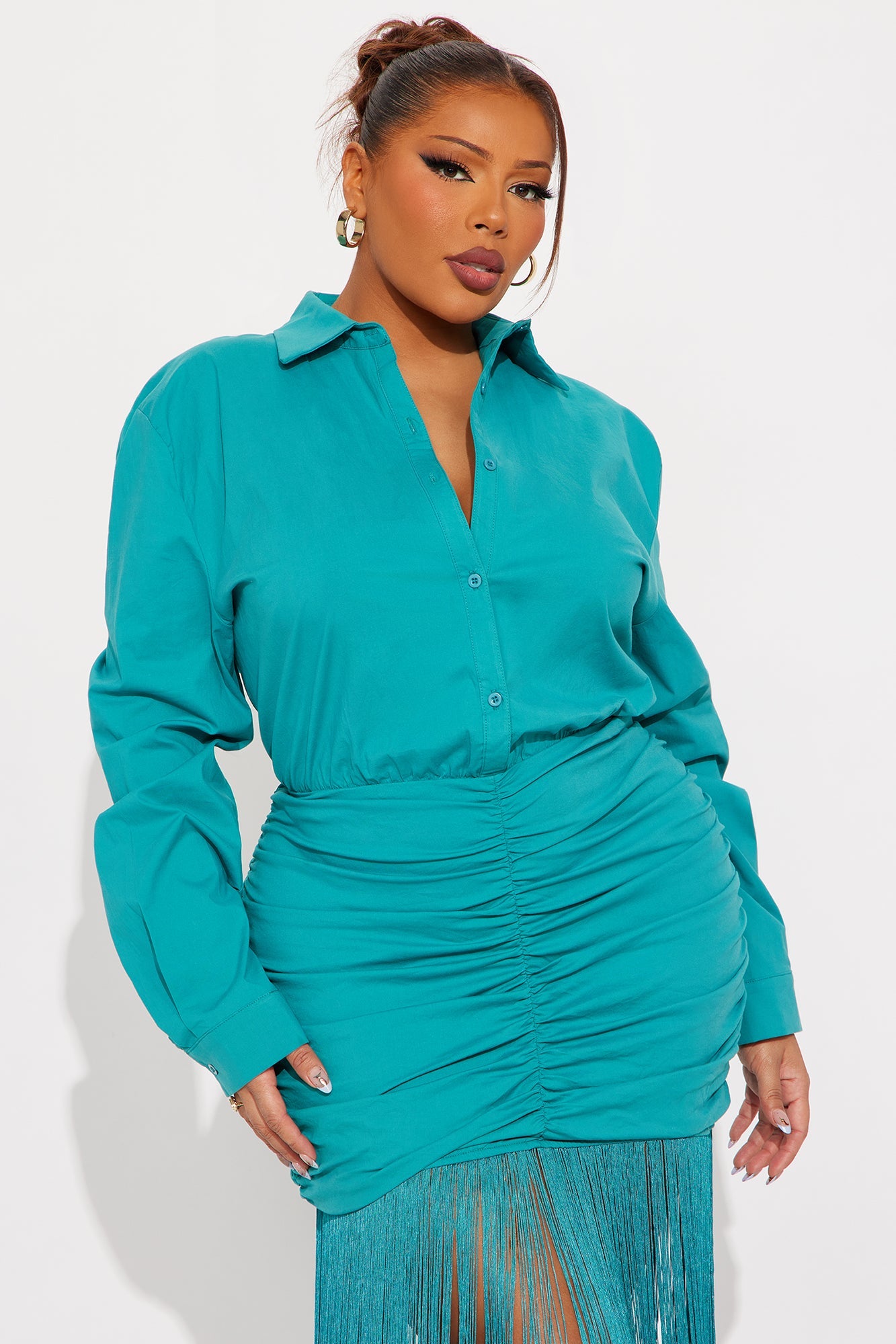 Bridget Fringe Maxi Shirt Dress - Teal