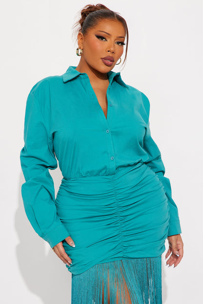 Bridget Fringe Maxi Shirt Dress - Teal