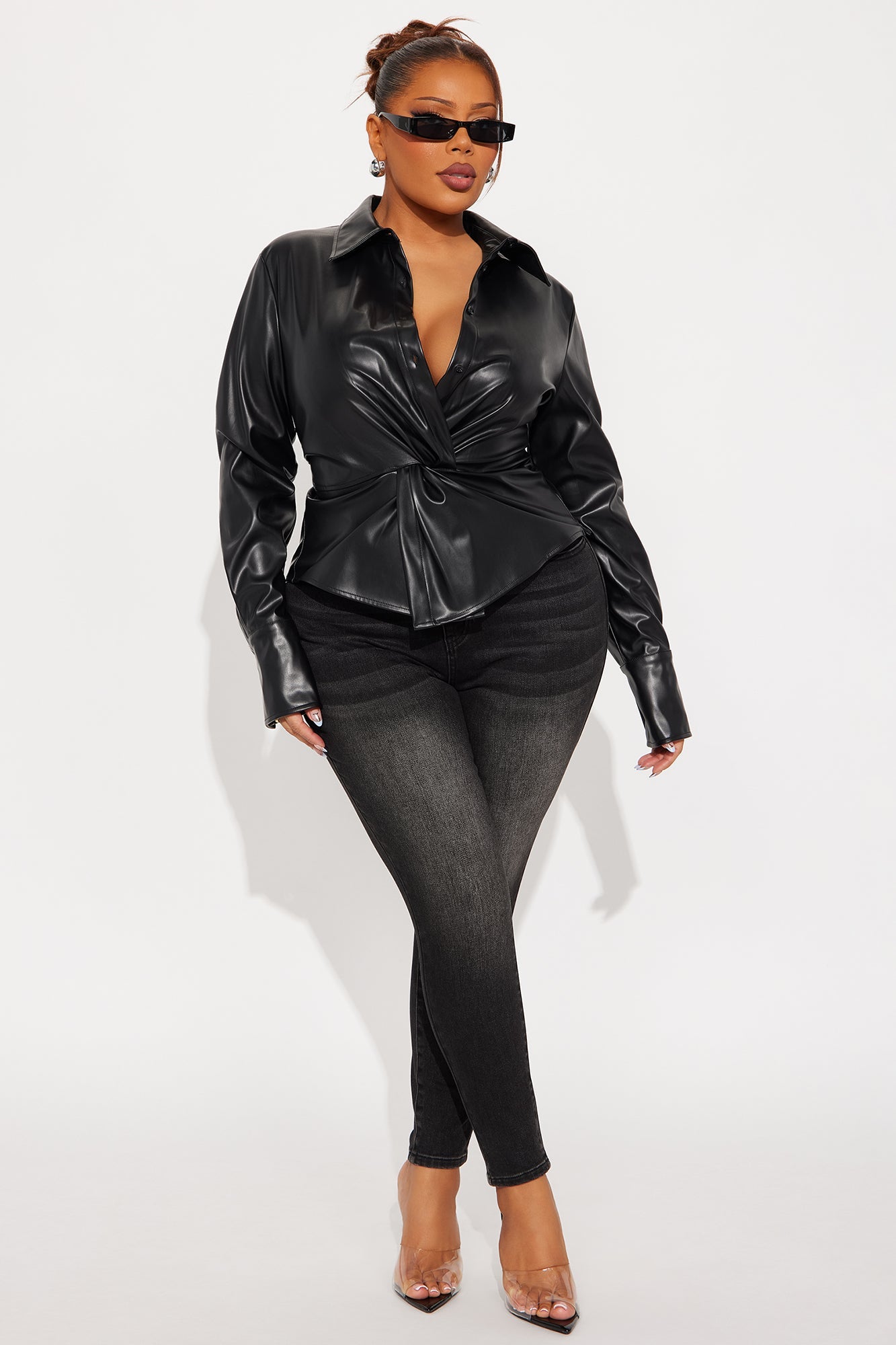 Jelena Twisted Faux Leather Top - Black