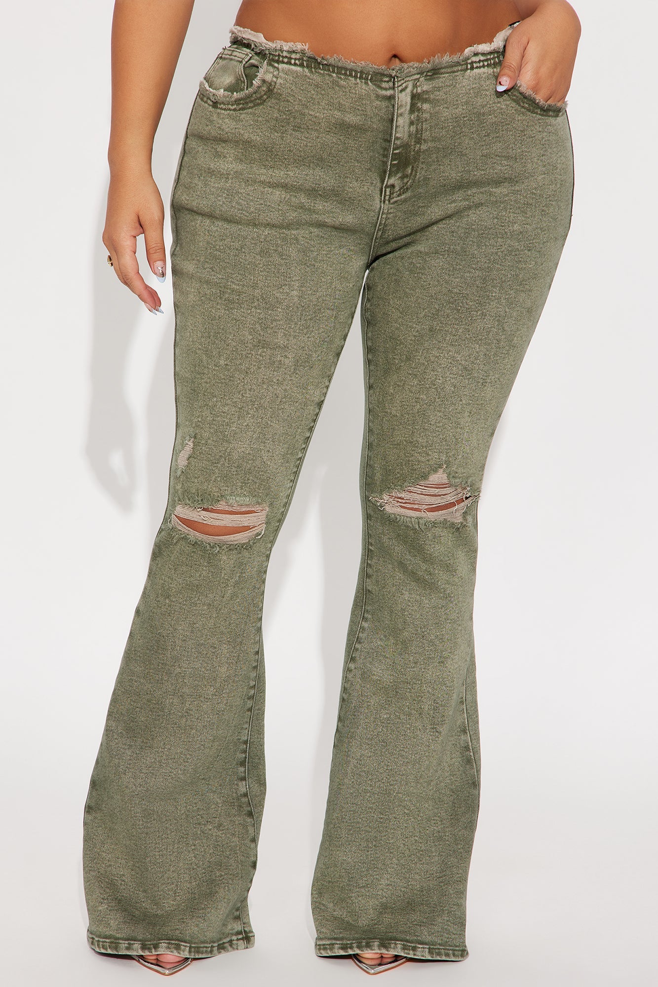 Highly Motivated Low Rise Flare Jeans - Olive